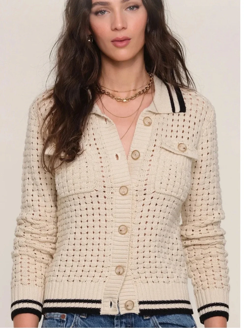 Heartloom Womens Sz Large Posey Cardi Cardigan Sweater Beige Black Marble Button